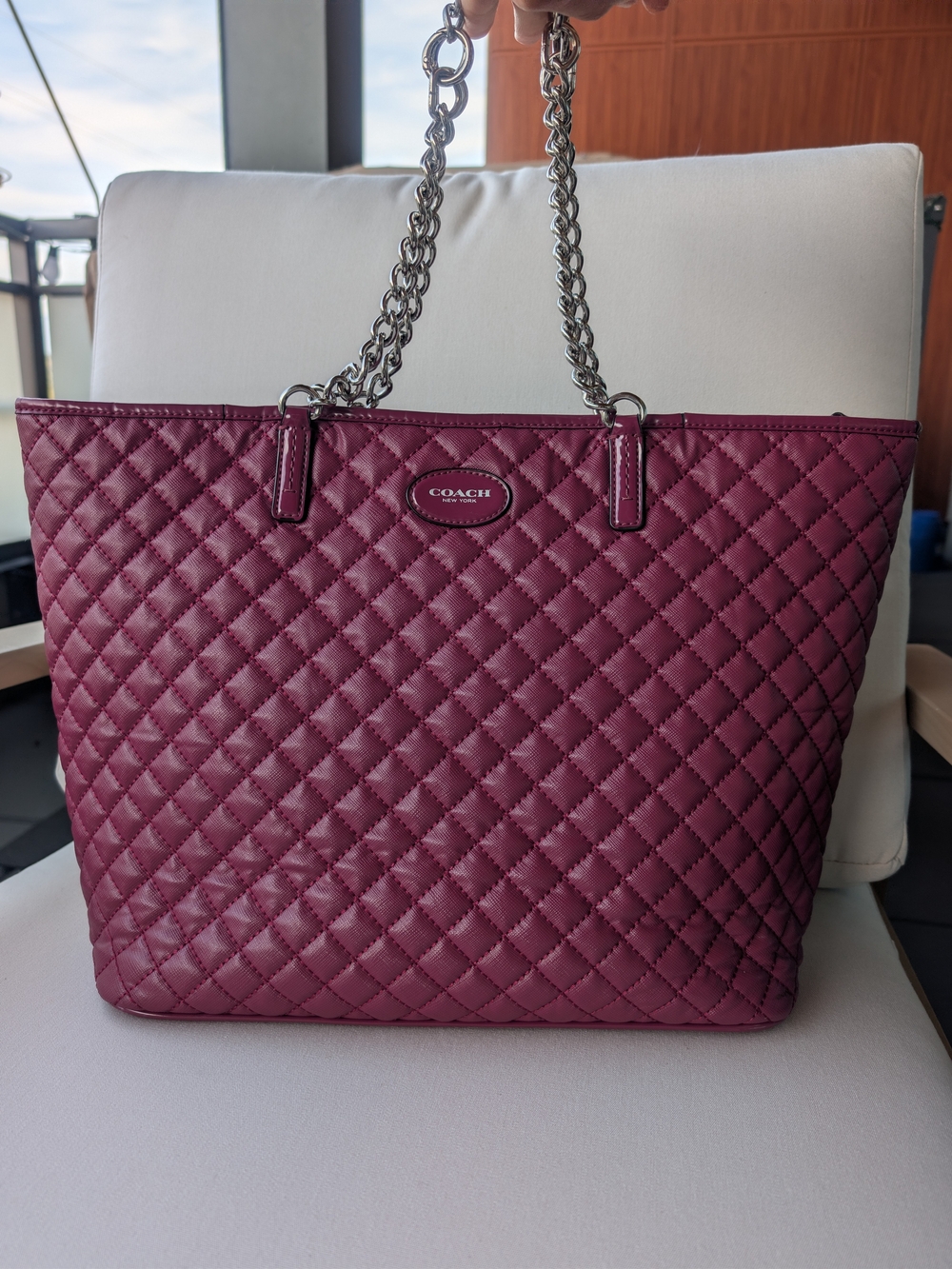 Coach Quilted Tote Bag in Deep Berry with Chain Straps